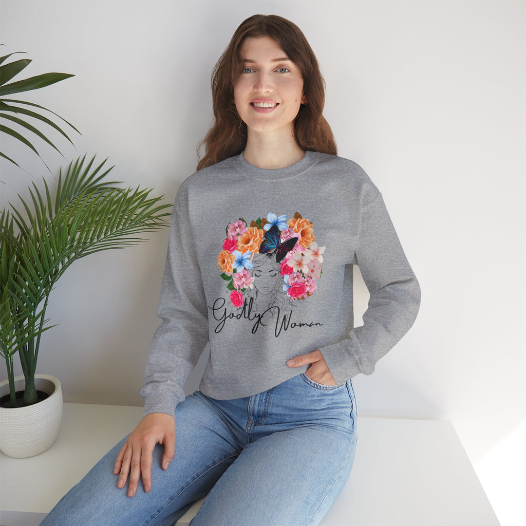 Floral Godly Woman Crewneck Sweatshirt, Cozy Gift for Her, Inspirational Sweatshirt, Flower Design, Casual Style, Ideal for Relaxing