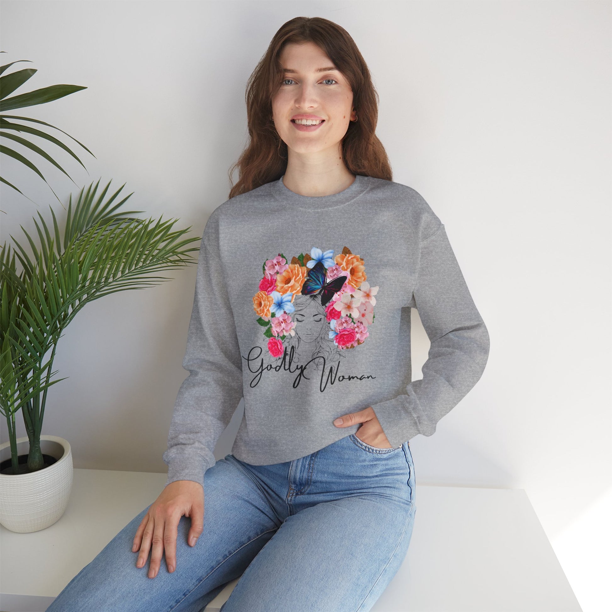 Floral Godly Woman Crewneck Sweatshirt, Cozy Gift for Her, Inspirational Sweatshirt, Flower Design, Casual Style, Ideal for Relaxing