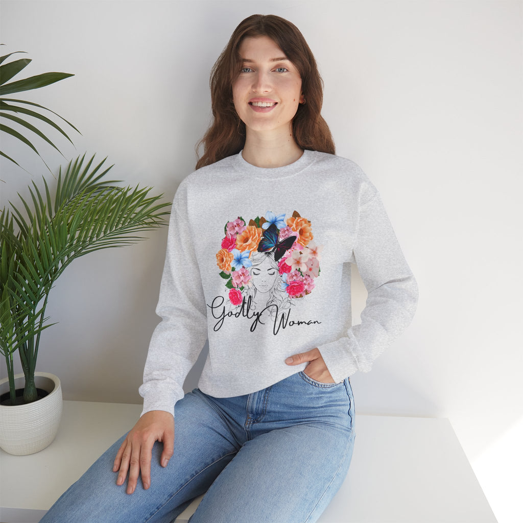 Floral Godly Woman Crewneck Sweatshirt, Cozy Gift for Her, Inspirational Sweatshirt, Flower Design, Casual Style, Ideal for Relaxing