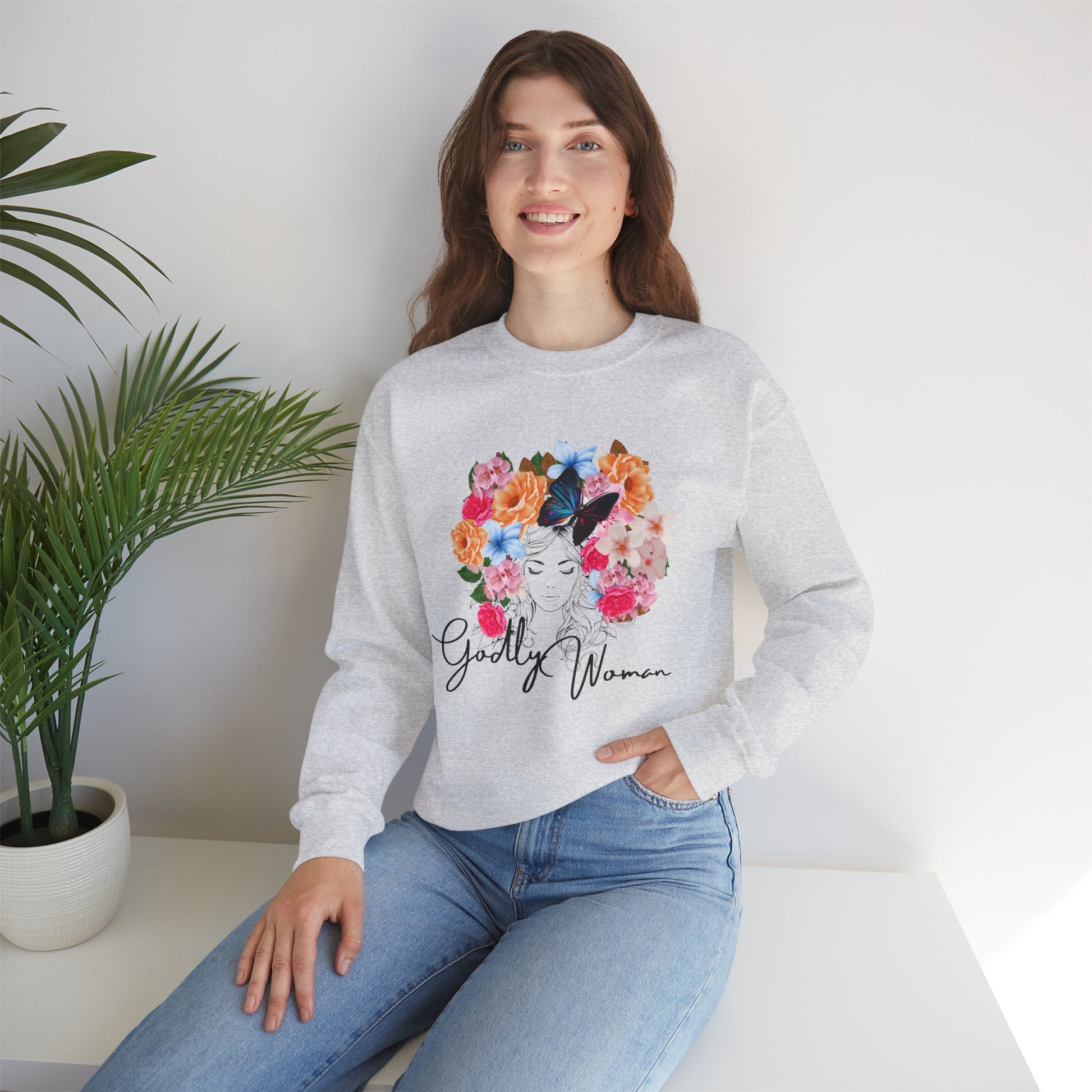 Floral Godly Woman Crewneck Sweatshirt, Cozy Gift for Her, Inspirational Sweatshirt, Flower Design, Casual Style, Ideal for Relaxing