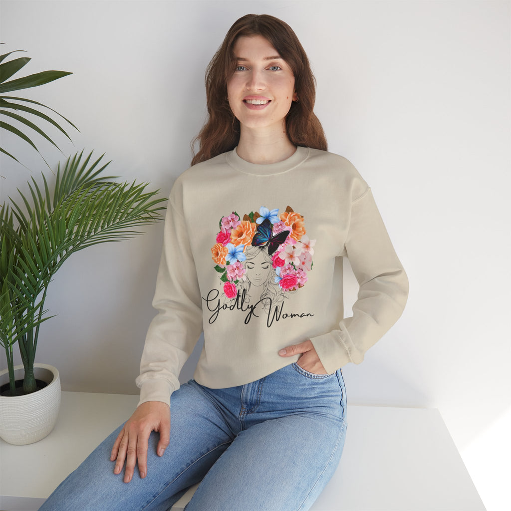 Floral Godly Woman Crewneck Sweatshirt, Cozy Gift for Her, Inspirational Sweatshirt, Flower Design, Casual Style, Ideal for Relaxing