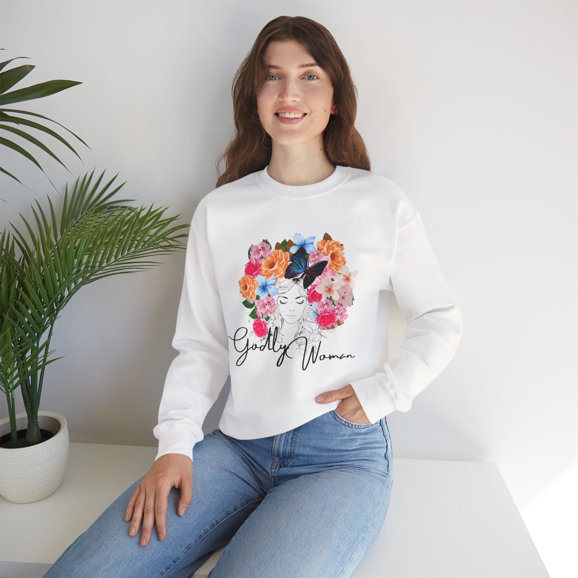 Floral Godly Woman Crewneck Sweatshirt, Cozy Gift for Her, Inspirational Sweatshirt, Flower Design, Casual Style, Ideal for Relaxing